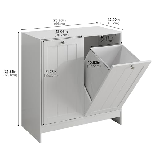 Double Tilt-Out Laundry Hamper Cabinet, Modern Hidden Laundry Hamper with 2 Removable Baskets, Free-Standing Bathroom Storage Cabinet, Anti-tiltdevice, (26.8" Tall White)