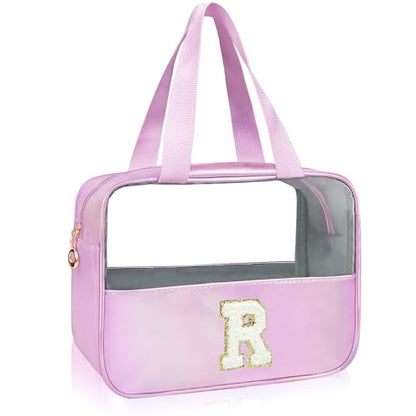 Personalized Initial R Clear Purple Makeup Bag - Large Travel Toiletry Bag, Cute Cosmetic Organizer Set for Girlfriend, Teacher, Teen Girl Gifts - color: Purple, style: R