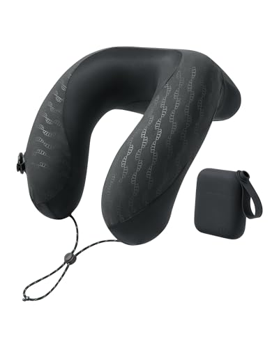 BENEUNDER Travel Neck Pillow for Airplane, Inflatable Compact 360°Head Support Pillow, Comfortable Breathable Cover for Travel, Train,Car with Storage Bag, Black