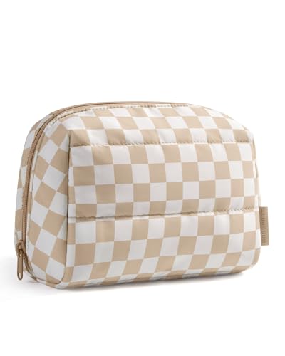 BAGSMART Puffy Makeup Bag, Wide Opening Cosmetic Organizer, Soft Water-Resistant Travel Toiletry Pouch for Women for Purse, Compact & Spacious - color: Khaki Checkered