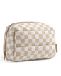 BAGSMART Puffy Makeup Bag, Wide Opening Cosmetic Organizer, Soft Water-Resistant Travel Toiletry Pouch for Women for Purse, Compact & Spacious - color: Khaki Checkered