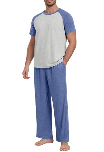 Yincro Mens Pajamas Set Lightweight Loungewear Short Sleeve Top and Pants Soft Sleepwear Pjs Sets - color: Navy Blue-light Gray, size: Small