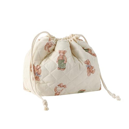 Cotton Quilted Drawstring Makeup Bag with Canvas Lining,Coquette Aesthetic Cute Travel Toiletry Bag,Drawstring Gift Bag for Women and Girls（04White Bear） - color: 04White Bear