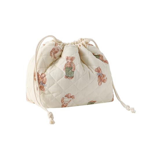 Cotton Quilted Drawstring Makeup Bag with Canvas Lining,Coquette Aesthetic Cute Travel Toiletry Bag,Drawstring Gift Bag for Women and Girls（04White Bear） - color: 04White Bear