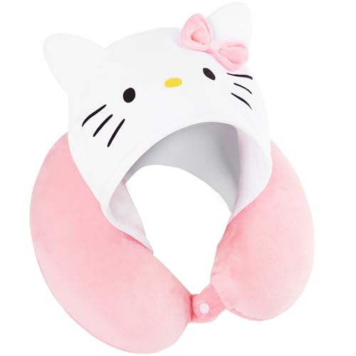 Hello Kitty Girls Teens Travel Pillow with Hood, Memory Foam Cushion Travel Accessories Flight Pillow Neck & Head Support
