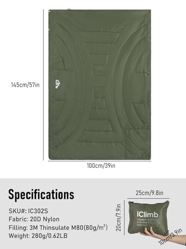 iClimb 3M Thinsulate Insulation Warm Camping Blanket Ultralight Compact - color: Green, size: 39” × 57”, 0.62 lb