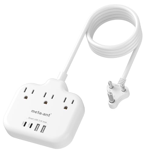 US to India Plug Adapter, meta-ant India Power Adapter with 3 American Outlets 4 USB Charger Ports(2 USB C), 5FT India Extension Cord, Type D Travel Adapter for USA to India Bangladesh Maldives Nepal - style: Type D-India