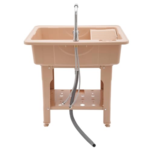 Laundry Sink, Freestanding Plastic Laundry Sink With Washboard Utility Sink Laundry Tub Indoor and Outdoor Utility Sink with Faucet Hoses Drain Kit for Laundry Room Washing Room Garden Garage - color: 31.5*22.05*33.46in -Coffee