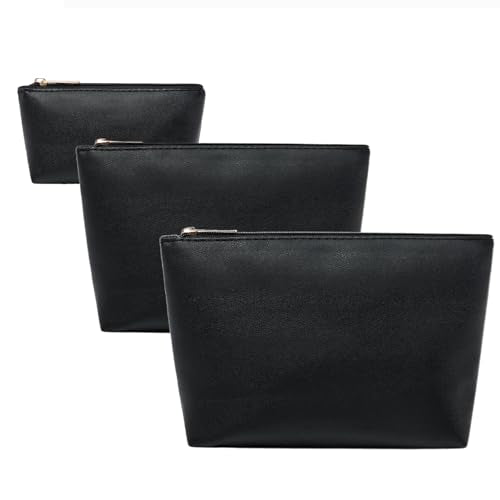 3 Pcs Makeup Bag Set for Women Black Soft Leather Travel Cosmetic Bag Make Up Pouch Small Travel Zipper Pouch,Water-resistant Makeup Organizer Bag for Women（Flat black） - color: Flat black