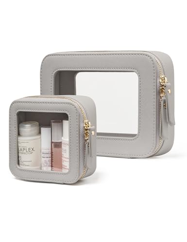 Popvibe Clear Makeup Bag Travel Cosmetic Case Transparent Toiletry Bag with Zipper, Portable Make Up Organizer Traveling Compact Car Bag for Essentials - color: Beige Grey, style: Mini & Medium