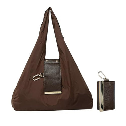 Foldable & Reusable Mini Handbag with Key Ring - Expandable Tote for Daily Errands and Travel - color: Coffee