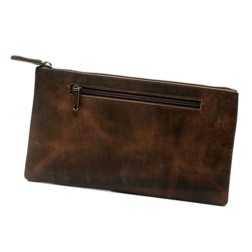 WANDERINGS Genuine Leather Pencil Pouch Case - Large 11" x 6.5" (28 x 16cm) - Hand Crafted Brown Leather Zipper Pouch - Slim Pencil Case Holder for Men and Women - size: Large (11"x6.25")