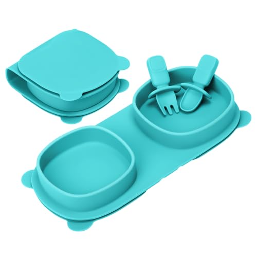 Baby Plates with Suction with Forks and Spoons, Foldable Silicone Toddler Plates, Baby Travel Essential, Microwave & Dishwasher Safe, Aqua - color: Aqua, style: Suction
