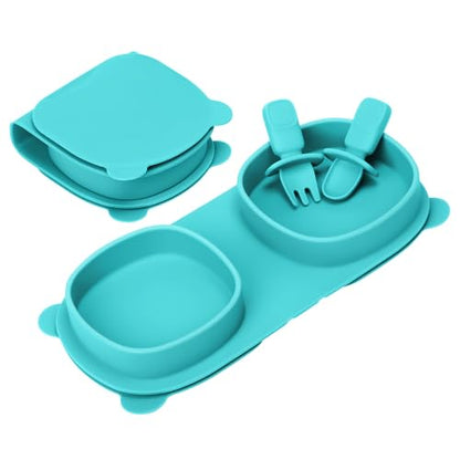 Baby Plates with Suction with Forks and Spoons, Foldable Silicone Toddler Plates, Baby Travel Essential, Microwave & Dishwasher Safe, Aqua - color: Aqua, style: Suction