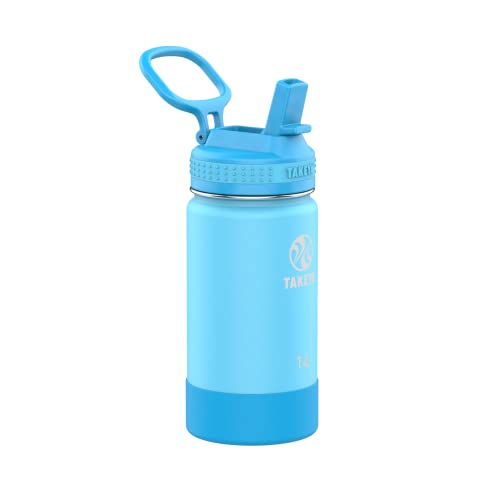 Takeya Actives Kids Water Bottle 14 oz Stainless Steel Double Wall Insulation BPA-Free Leakproof Straw Lid Easy Carry Handle Reusable Ideal for Boys and Girls, School, Sports - Atlantic Blue - color: Atlantic Blue, size: 14 Ounces