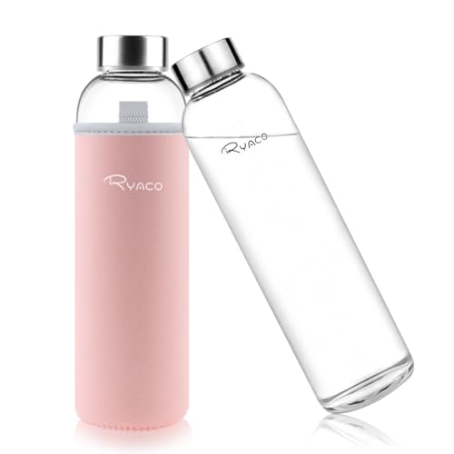 Ryaco Borosilicate Glass Water Bottle 33oz/1L/1000ml BPA-Free Leak Proof Ideal for School Home Office Travel Sport Yoga Gym Hot Cold Drinks with Portable Neoprene Carrying Sleeve and Sponge Brush - color: Pink