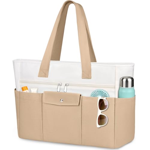 Beach Bags for Women Large Canvas Beach Tote with Zipper Wet Pocket, Waterproof Foldable Swim Pool Travel Tote Bags - color: Khaki