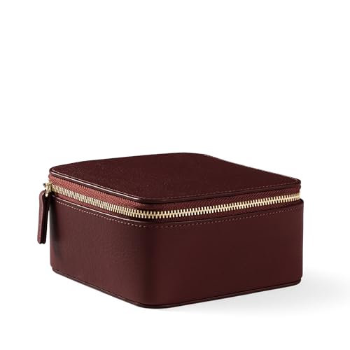 Leatherology Bordeaux Medium Jewelry Organizer – Full-Grain Leather Travel Case with Structured Design, Ring & Earring Storage, Zippered Suede Pouches - color: Bordeaux