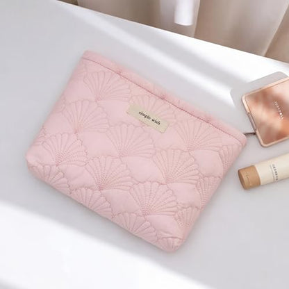 RSRSLEII Quilted Cotton Coquette Makeup bag, Coastal Granddaughter Aesthetic Cosmetic Bag, Cute Seashell Portable Travel Toiletry Pouch (11 Pink- Patch) - color: 11Pink