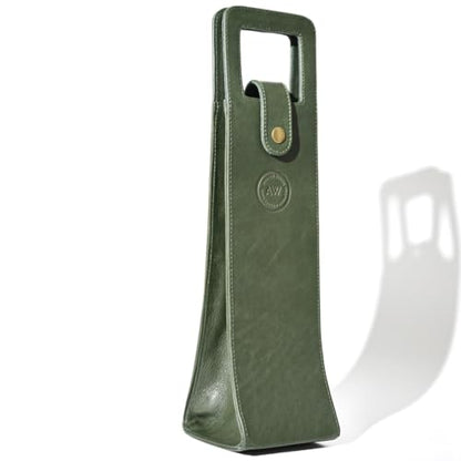 Premium Collection Single Bottle Wine Tote, Green | Genuine Leather, Elegant & Durable, Secure Locking Strap, Sophisticated Gift for Wine Enthusiasts - color: Green