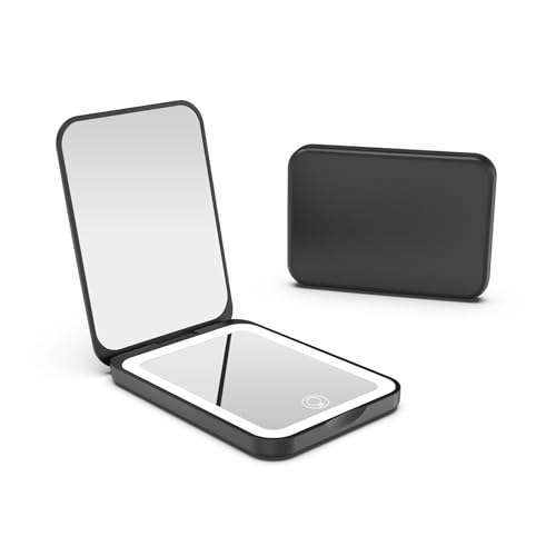 Kintion 2025 Pocket Mirror, Rechargeable Dimmable 3 Color Lighting 1X/3X LED Compact Travel Makeup Mirror for Purse, Portable, Folding, Handheld, Small Lighted Mirror for Women Gift, Black - color: Black
