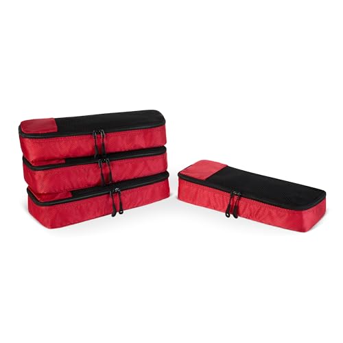 Amazon Essentials 4-Piece Space-Saving Packing Cubes Travel Accessories Set, Luggage Organizer with Double Zipper, Mesh Top, Polyester, Slim, Red (Previously Amazon Basics) - color: Red, size: 4 x Slim