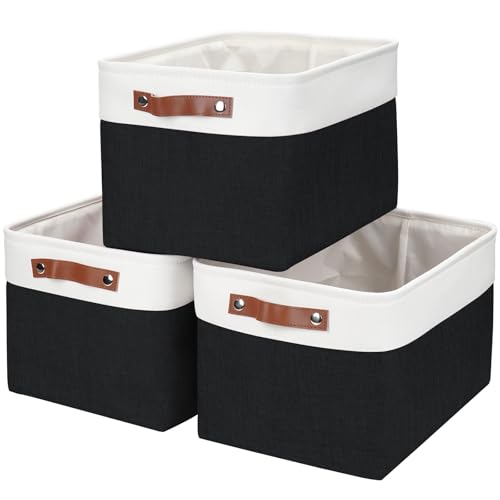 Bagnizer Storage Bins Large Fabric Storage Baskets for Shelves 3 Pack, Decorative Linen Closet Baskets with Handles for Organizing, Shelf, Clothes, Home, Office, 15x11x9.5Inches (Black&White) - color: Black / Off-White, size: Large -15"x11"x9.5"