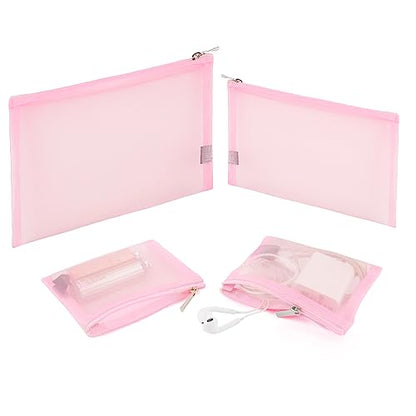 EASYFUN Mesh Pouch, Make up Bag with Zipper Cosmetic Organizer Pouch for Daily or Travel to Keep Small Items, 4 PCS Pink - color: Pink