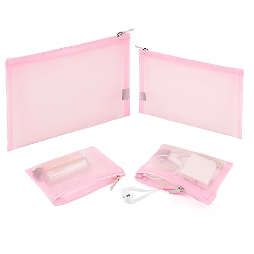 EASYFUN Mesh Pouch, Make up Bag with Zipper Cosmetic Organizer Pouch for Daily or Travel to Keep Small Items, 4 PCS Pink - color: Pink
