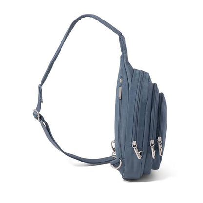 Baggallini Securtex® Anti-Theft Multi Zip Sling - Lightweight 8.6"x15.2" Travel Bag with Locking Zippers & RFID Protection - color: Mist