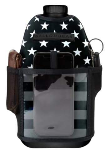 Half-Gallon Fitness Hydration Cover | Neoprene Insulated Cooling & Portable Gym Water Bottle Carrier | CASE with Storage Pockets - color: FLAG USA BLACK/GREY