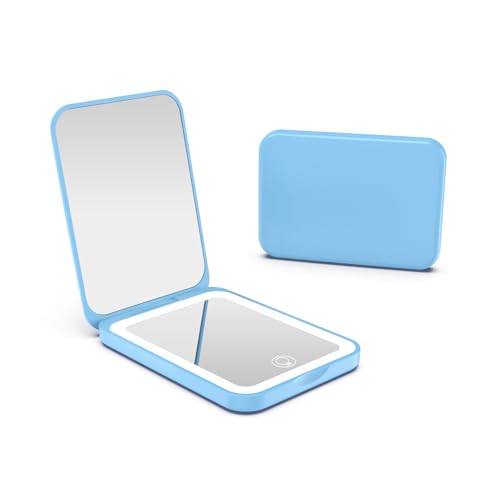 Kintion 2025 Pocket Mirror, Rechargeable Dimmable 3 Color Lighting 1X/3X LED Compact Travel Makeup Mirror for Purse, Portable, Folding, Handheld, Small Lighted Mirror for Women Gift, Blue - color: Blue