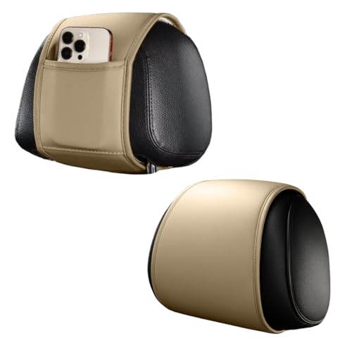 2PCS Car Headrest Covers for Back Seat, Leather Dirt-Proof Car Seat Head Rest Protector with Pocket, All Season Universal Auto Interior Decoration Headrest Organizer for Phone, Key (Beige) - color: Beige