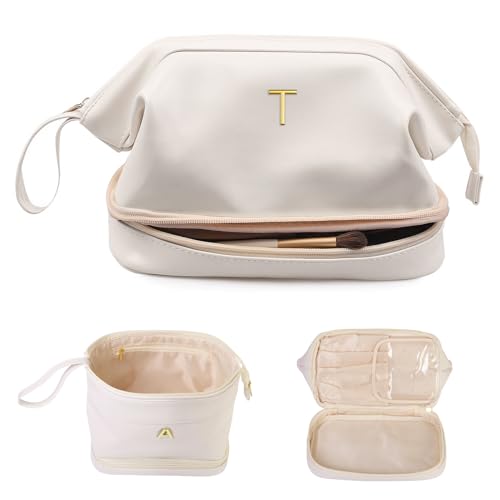 Birthday Gifts for Girls, Initial Large Makeup Bag, Personalized Double Layer Cosmetic Bag with Makeup Brush Organizer, Large Capacity PU Leather Travel Toiletry Bag Travel Stuff for Girls - color: White, style: T