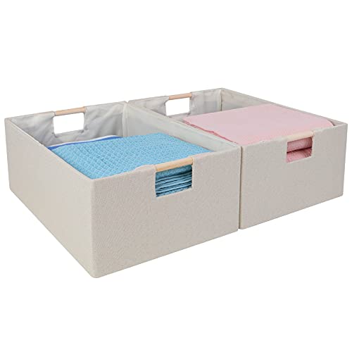 ANMINY 2PCS Large Closet Storage Baskets for Shelves, 15 x 10.6 Inch Collapsible Fabric Storage Bins with Wood Handles Cloth Shelves Organizer Bins Decorative Fabric Baskets - Medium, Beige - color: Beige, size: Medium (Pack of 2)