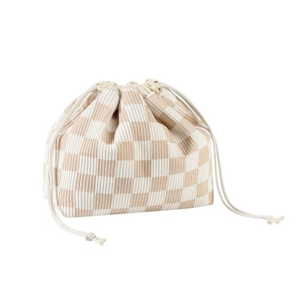 Cotton Quilted Drawstring Makeup Bag with Canvas Lining,Coquette Aesthetic Cute Travel Toiletry Bag,Drawstring Gift Bag for Women and Girls（19 Beige Checker） - color: 19 Beige Checker