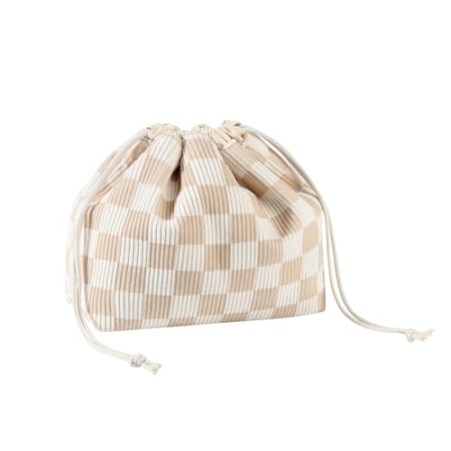 Cotton Quilted Drawstring Makeup Bag with Canvas Lining,Coquette Aesthetic Cute Travel Toiletry Bag,Drawstring Gift Bag for Women and Girls（19 Beige Checker） - color: 19 Beige Checker
