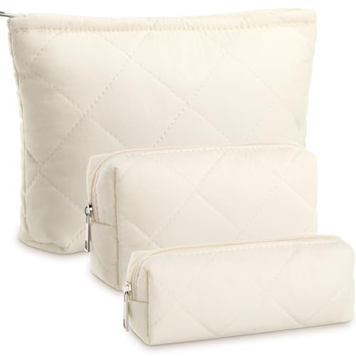 Paterr 3 Pcs Quilted Makeup Bag Set Back to School Favor Small Bridesmaid Cosmetic Bag Aesthetic Travel Pouch Cute Purse Pencil Case Makeup Storage Organizer for Women Birthday Gift(Cotton,Beige) - color: Beige