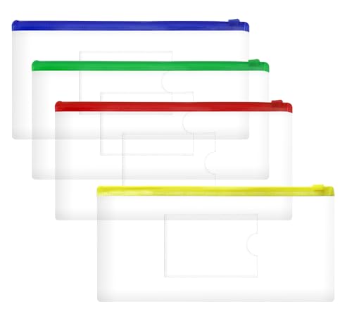 4PCS Clear Plastic Envelopes File Folders with Pockets PVC Pencil Case Pouch Zipper Storage Bags for Documents Cash Puzzles Travel Organizing Art Craft School Office Supplies, 9.4 x 4.7inch