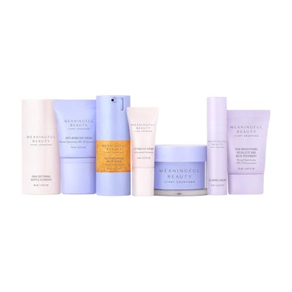 Meaningful Beauty Travel Size 7-Piece Starter Kit, Deluxe Face & Neck Skincare Gift Set for Women – Cleanser, Melon Serum, Day Crème SPF 30, Retinol Night Crème, Eye Crème, Neck SPF 15