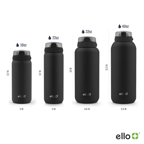 Ello Cooper 22oz Stainless Steel Water Bottle with Straw and Carry Handle, Double Walled and Vacuum Insulated Metal, Leak Proof Locking Lid with Soft Silicone Spout, Reusable, BPA Free, Black - color: Black, size: 22 Ounces