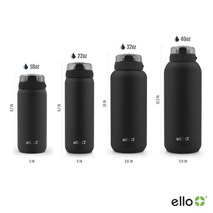 Ello Cooper 22oz Stainless Steel Water Bottle with Straw and Carry Handle, Double Walled and Vacuum Insulated Metal, Leak Proof Locking Lid with Soft Silicone Spout, Reusable, BPA Free, Black - color: Black, size: 22 Ounces