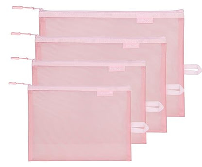 SUPACOOL Set of 4 Travel Mesh Makeup Bag, Cosmetic Organizer Pouches with Zipper, Diaper Organizing Pouches, Nylon Toiletries Bag for Women and Men(4pcs, Pink) - color: Pink