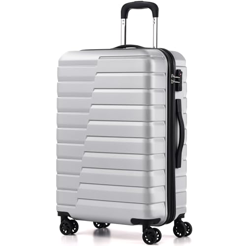 Coolife Medium Checked Luggage with Spinner Wheels, Hardside Suitcase TSA Lock Lightweight Travel Luggage 24-inch,Silver - color: sliver, size: Medium(24in)