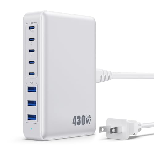 USB C Charger 430W USB C Charger Block, 8-Ports GaN IV Fast Charging Station Hub,PD 100W Laptop Charger Adapter,for MacBook Pro/Air/iPad/iPhone16/15/14/Apple Watch/DELL/Samsung for Home Office - color: A-White