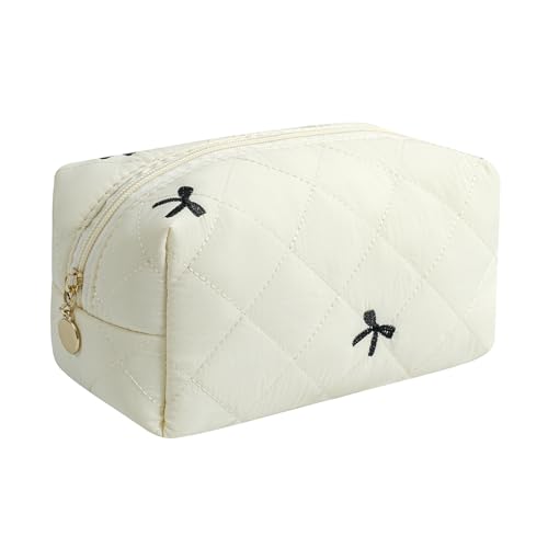 Gleyemor Small Quilted Makeup Bag for Women, Cute Floral Bow Cosmetic Bag, Emergency Bag Travel Toiletry Cotton Pouch Gifts for Girls Her Mom Friend Sister Bridesmaid (White&Black Bow) - color: White&Black Bow
