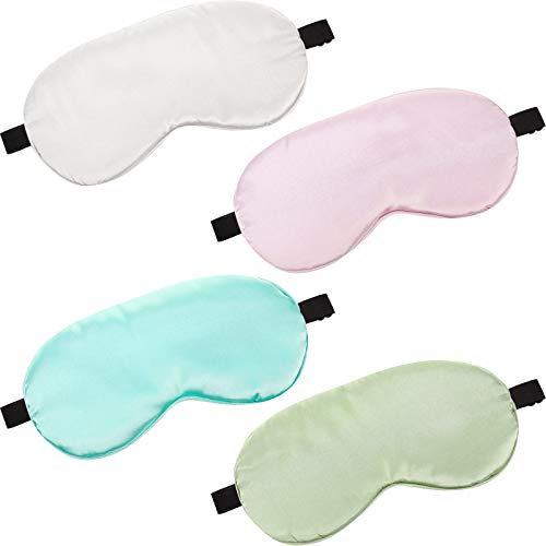 BBTO 4 Pcs Silk Sleep Eye Masks Smooth Soft Satin Eye Covers with Adjustable Strap Blindfold for Sleeping Blocking Out Lights Travel Relaxation（Light Green, Emerald, Silver, Light Pink） - color: Light Green, Emerald, Silver, Light Pink