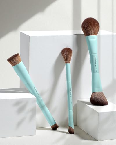EIGSHOW Makeup Brush Set, 3Pcs Dual Ended Face Makeup Brushes for Foundation Powder Contour Highlight Concealer Nose Shadow, Travel Gift Set (Cyan) - color: Cyan