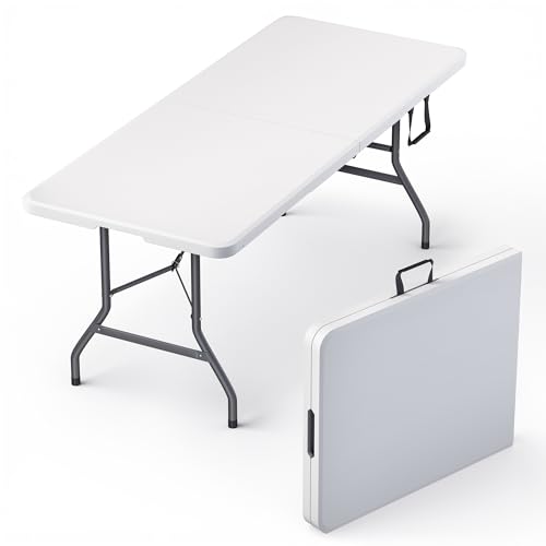 10 Pack of 6 Feet Foldable Table with Built in Handle & Steel Legs | Heavy Duty Portable | Perfect for Party, Dining, Wedding, Events, Picnic Indoor, Outdoor, Camping, Utility, Temporary - color: White, size: 10 PACK - 6 FT