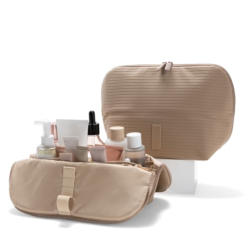 THE VERTI-Vertical Waterproof Makeup & Toiletry Bag | 23-Pocket Organizer with Upright, Fold-Down Design for Skincare, Toiletries & Essentials (Sandstone) - color: Sandstone, size: Large